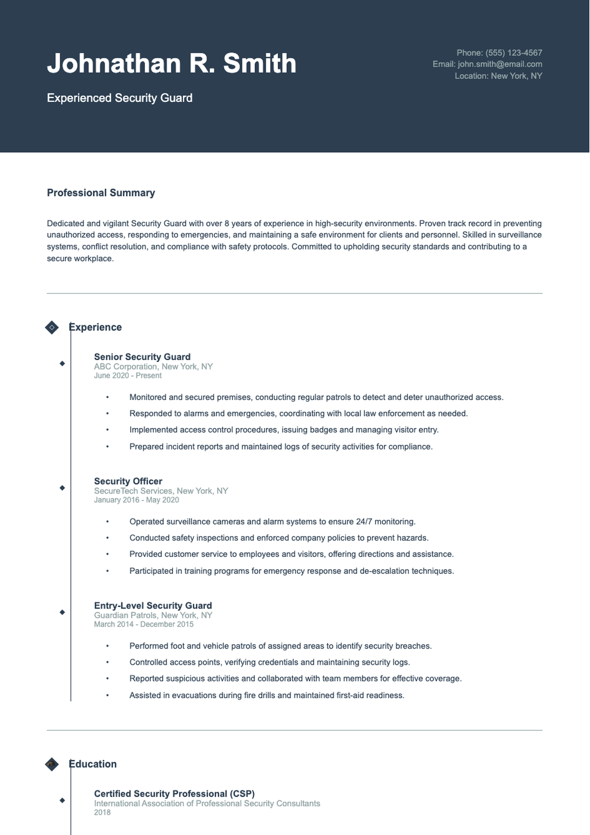 Professional security guard resume with skills ratings and experience timeline_variant_2